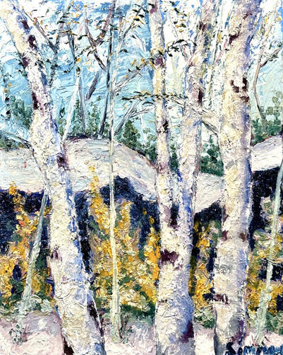 Lost in the Moment A painting featuring birch trees in a snowy setting.
