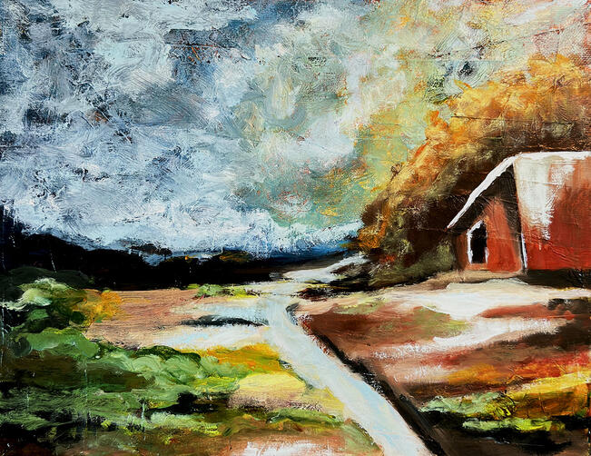 Painting of a barn next to a stream in a colorful landscape