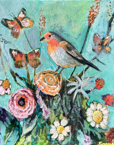 Gentle Reminder Painting of a bird, flowers, and butterflies