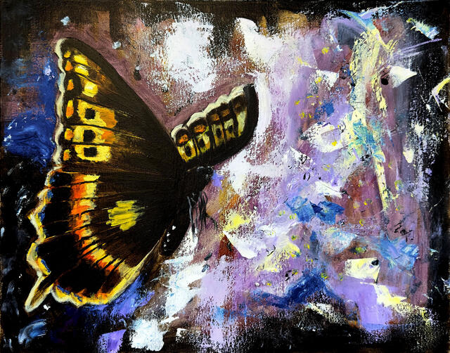 Painting of a black butterfly flying across a purple background