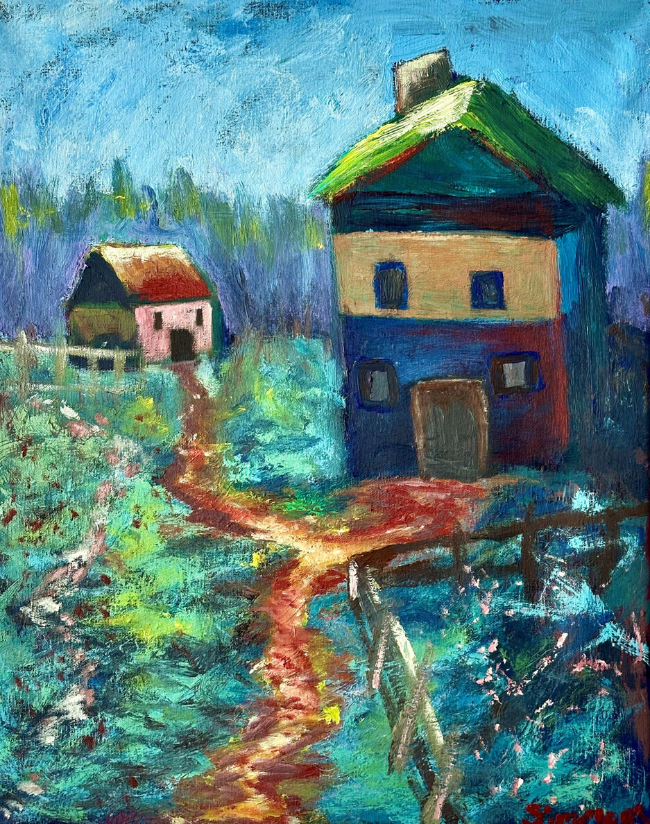 "Another Plain Day" A painting featuring two houses with a path leading to both