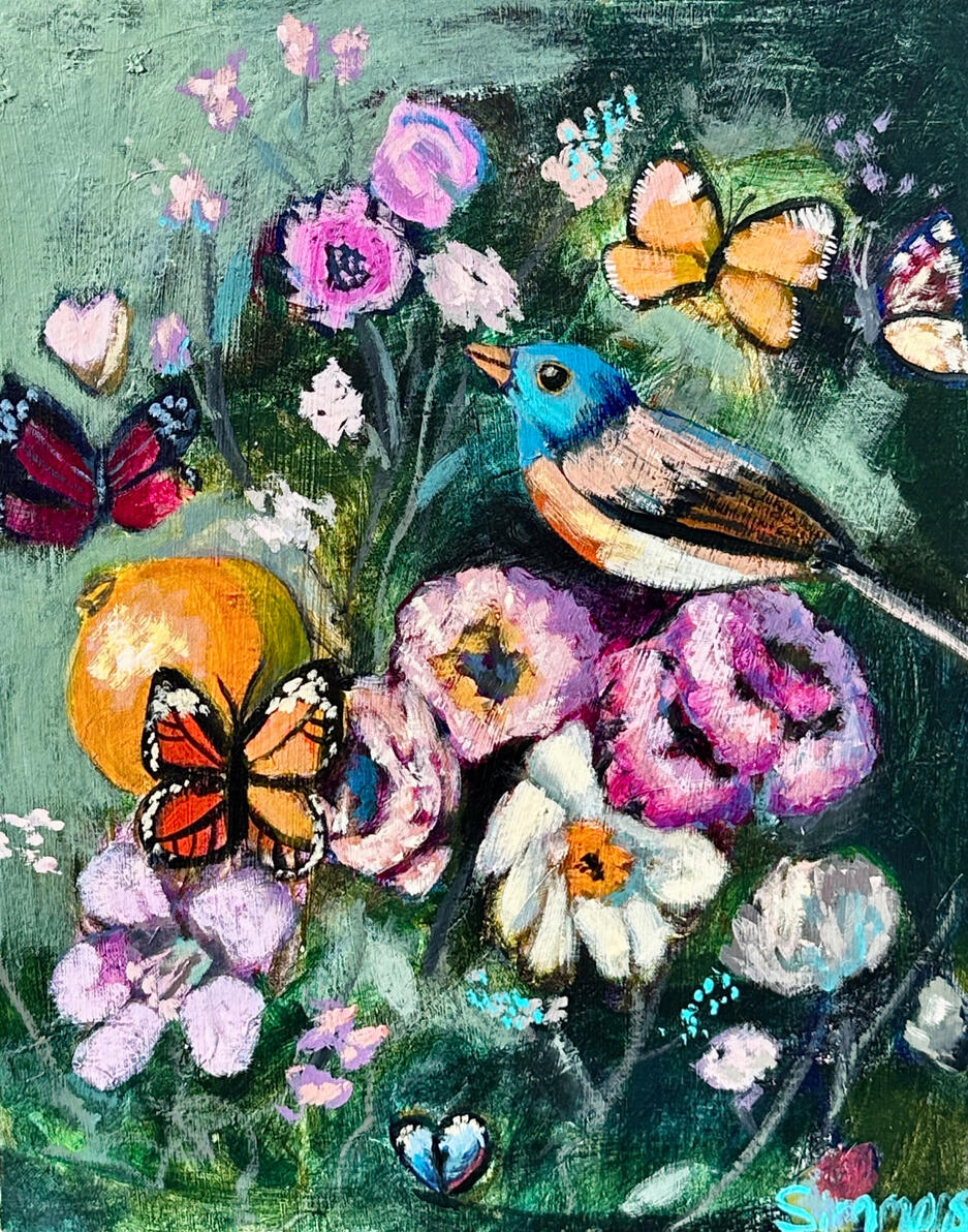 "Flourish" Painting of a bird, flowers, and butterflies